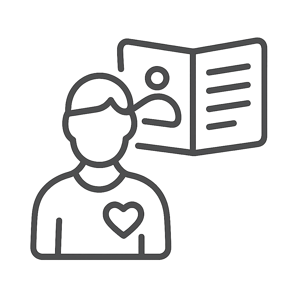 A man with short hair, wearing a shirt with a heart, standing in front of an open document, signifying both love for the d...