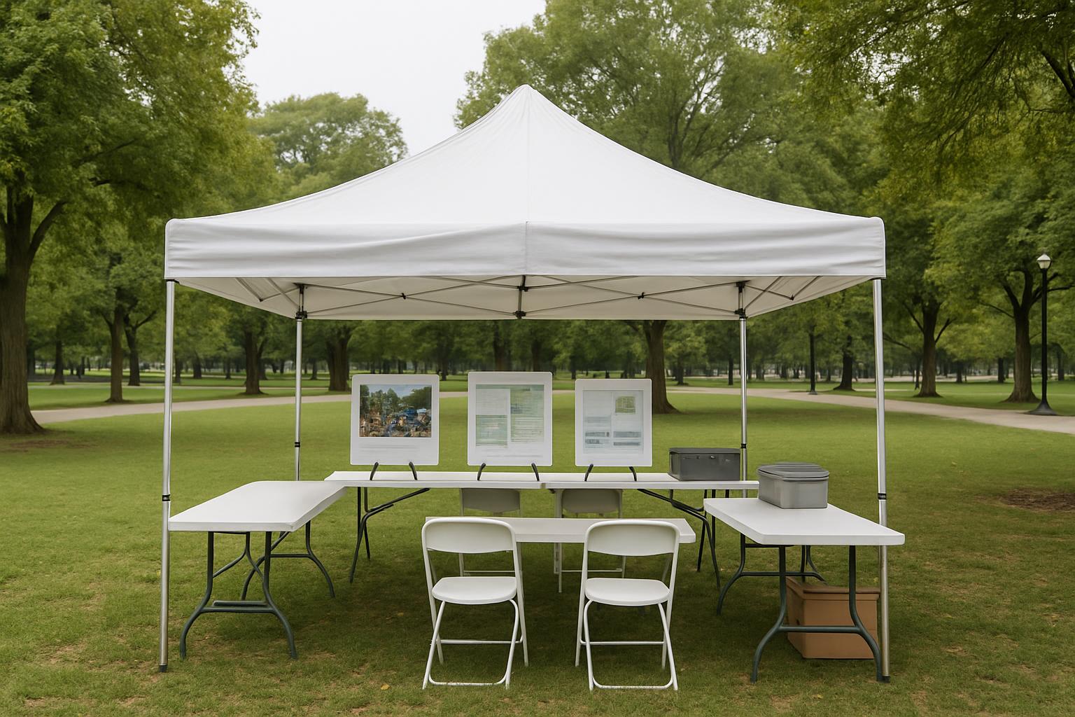 An outdoor event space, featuring a white pop-up tent and several folding tables, in a park setting. A white pop-up tent w...