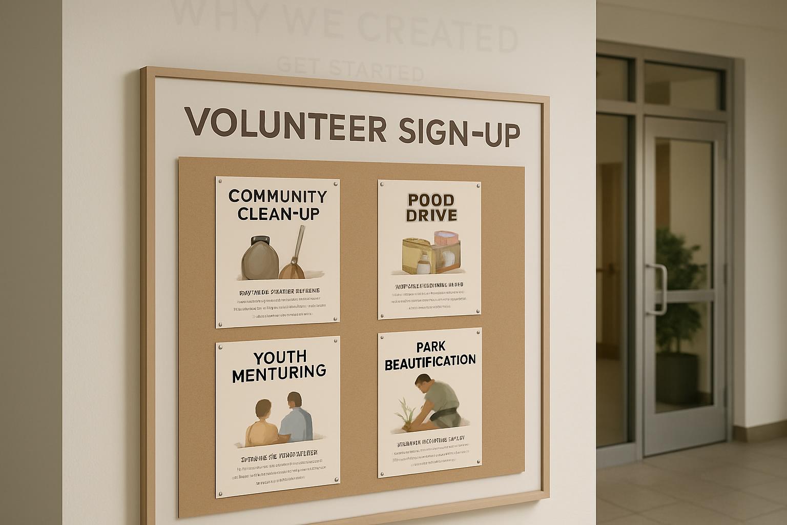 A framed board displaying volunteer sign-up options, including community clean-up, food drive, youth mentoring, park beaut...