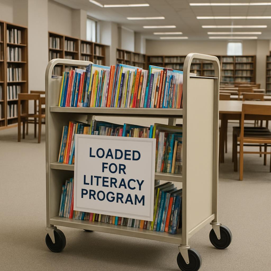 Book cart in library, "Loaded for Literacy Program" sign on the front.