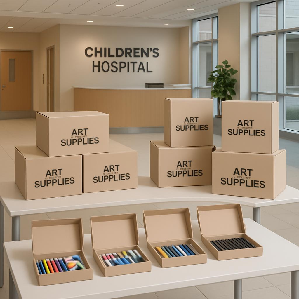 Art supplies in an art supply box piled on a table at a hospital.